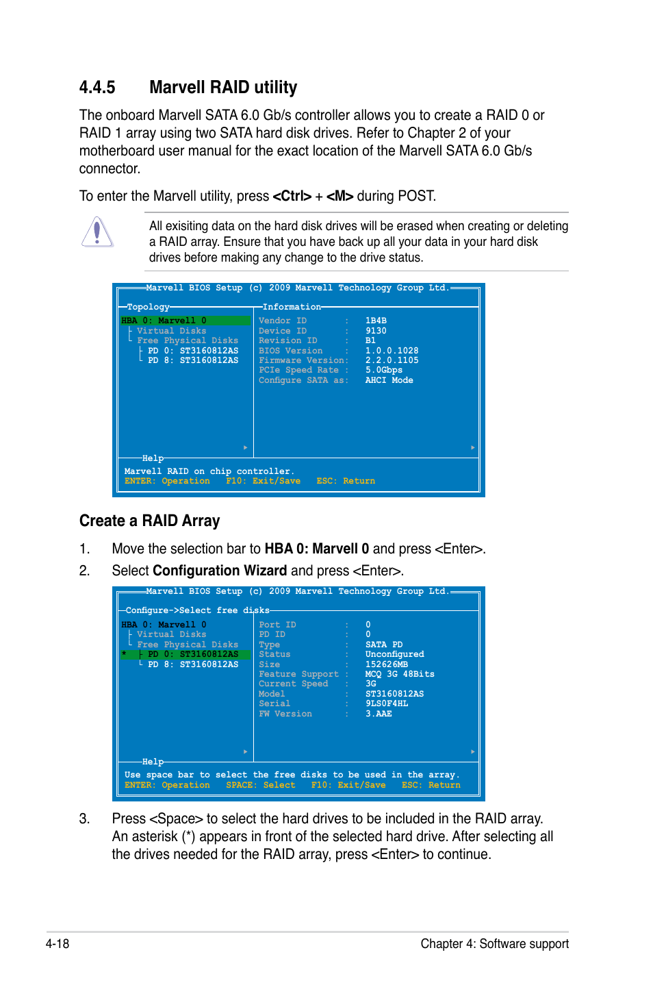 5 marvell raid utility, Create a raid array, 18 chapter 4: software support | Asus P6X58-E WS User Manual | Page 130 / 152