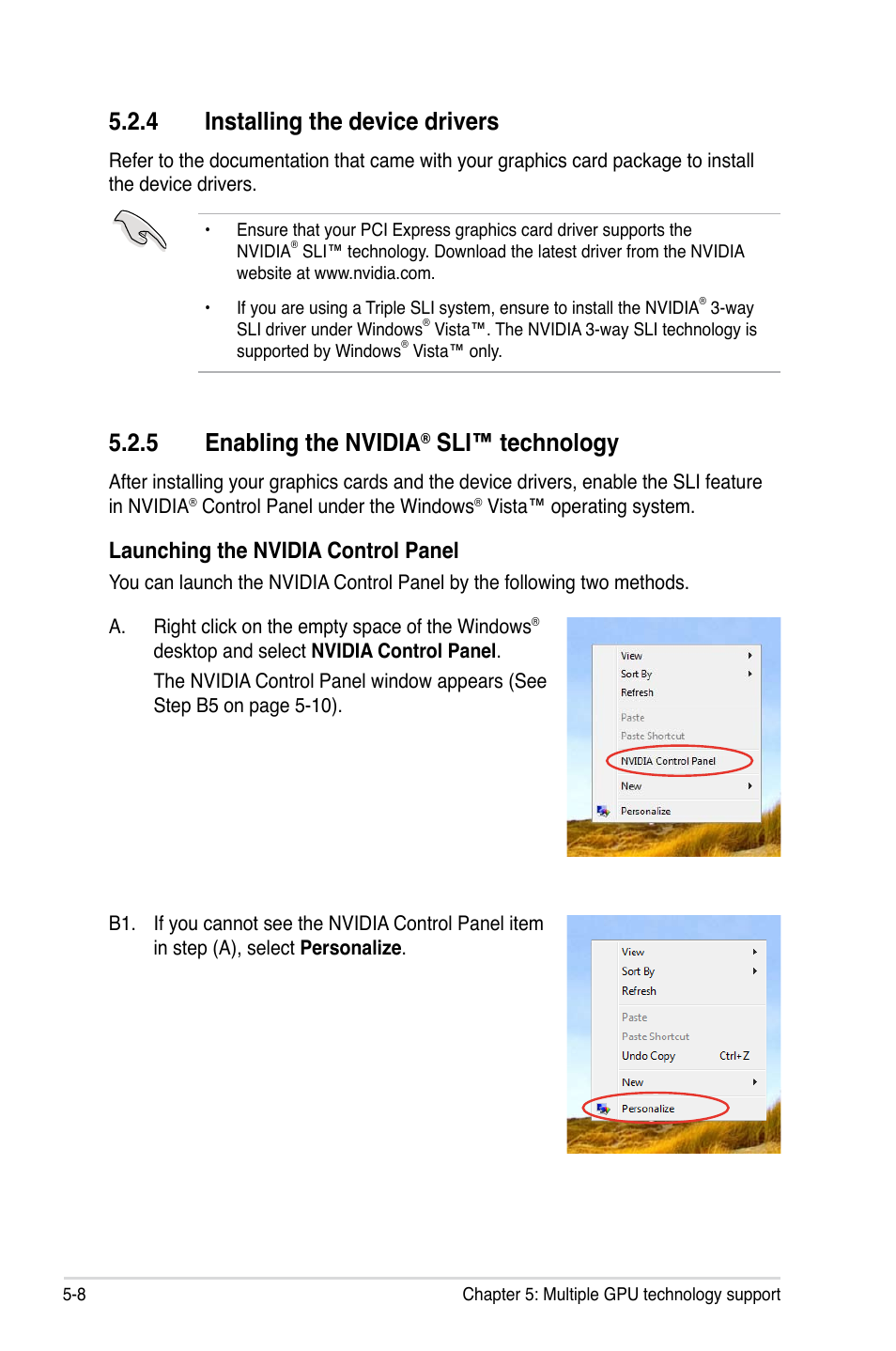 4 installing the device drivers, 5 enabling the nvidia, Sli™ technology | Launching the nvidia control panel | Asus P6X58-E WS User Manual | Page 148 / 152