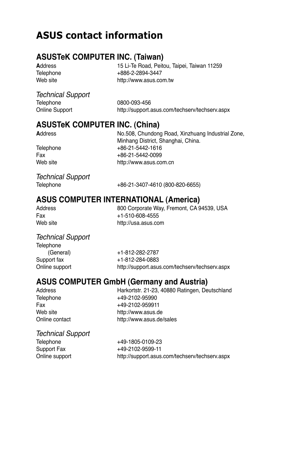 Asus contact information, Asustek computer inc. (taiwan), Asustek computer inc. (china) | Asus computer international (america), Asus computer gmbh (germany and austria), Technical support | Asus P6X58-E WS User Manual | Page 151 / 152