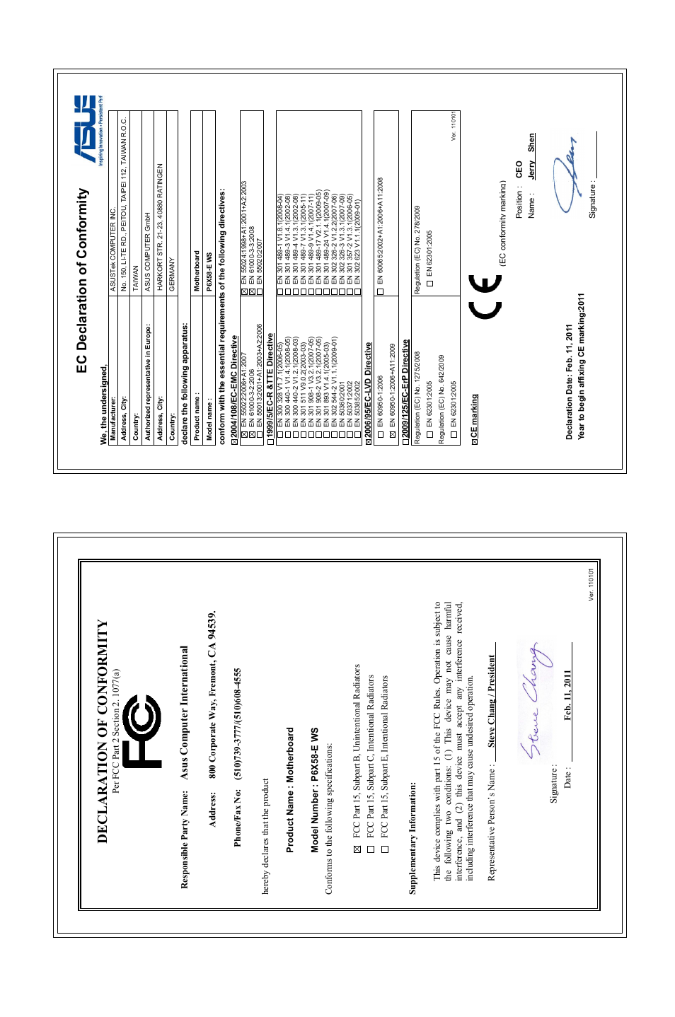 Ec declaration of conformity, Declaration of conformity, Asu s c om pu te r in te rn at io na l | Asus P6X58-E WS User Manual | Page 152 / 152