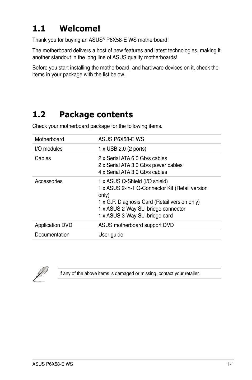 1 welcome, 2 package contents | Asus P6X58-E WS User Manual | Page 17 / 152