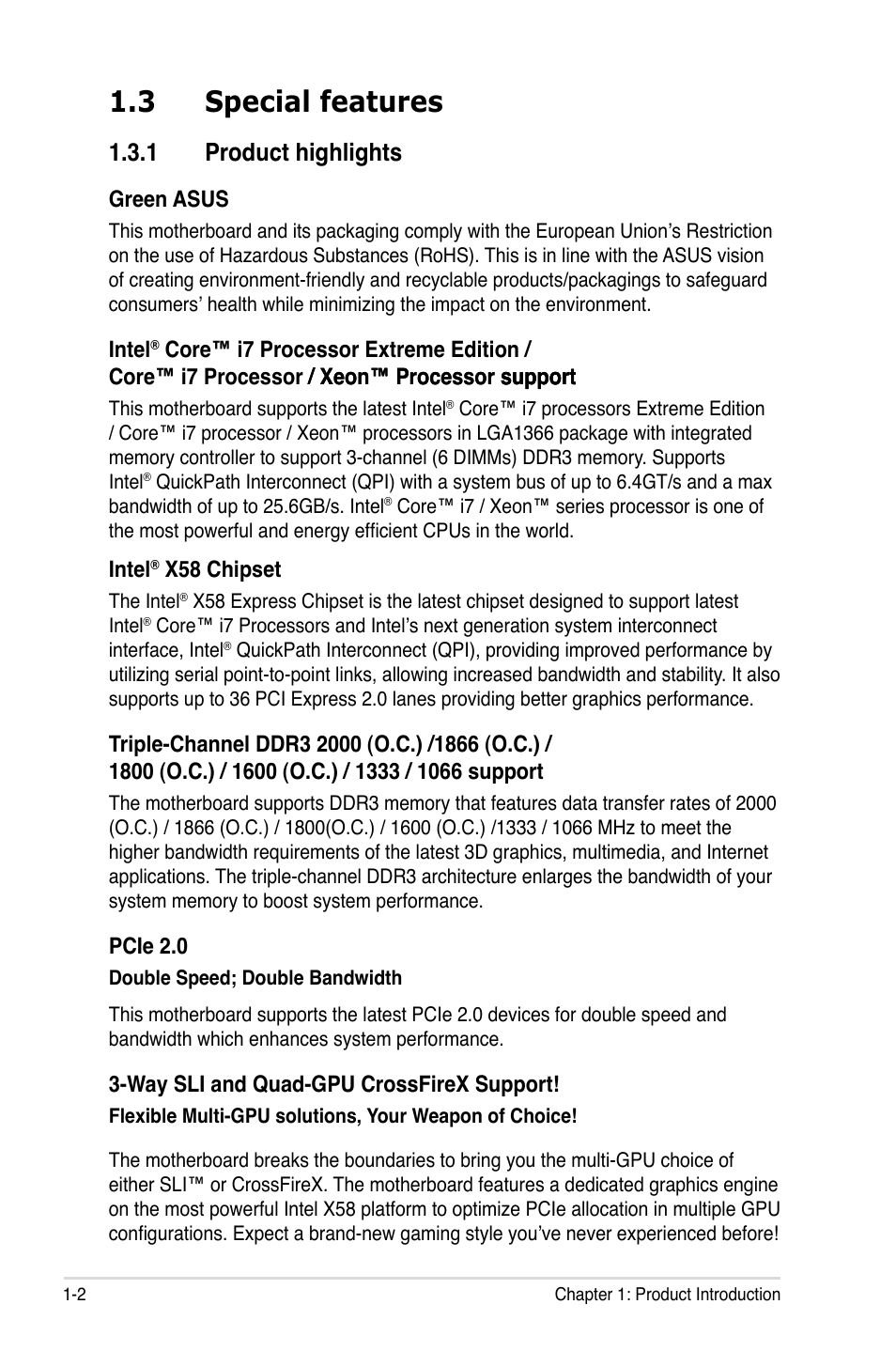 3 special features, 1 product highlights | Asus P6X58-E WS User Manual | Page 18 / 152