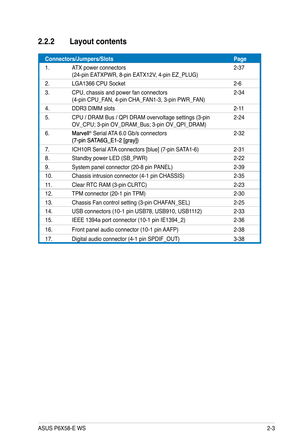 2 layout contents | Asus P6X58-E WS User Manual | Page 27 / 152