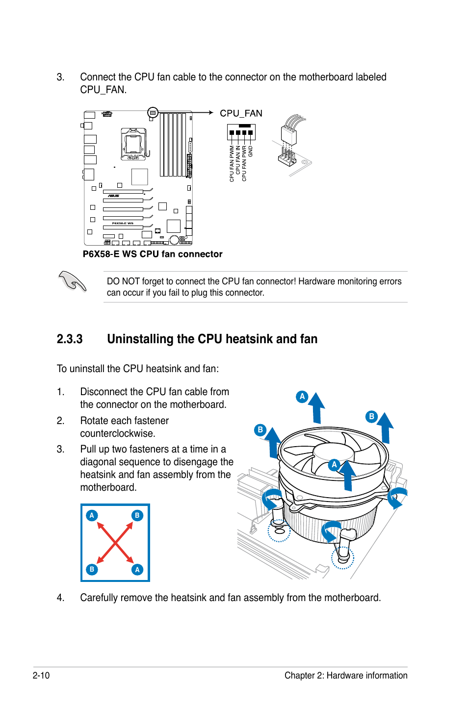 3 uninstalling the cpu heatsink and fan | Asus P6X58-E WS User Manual | Page 34 / 152