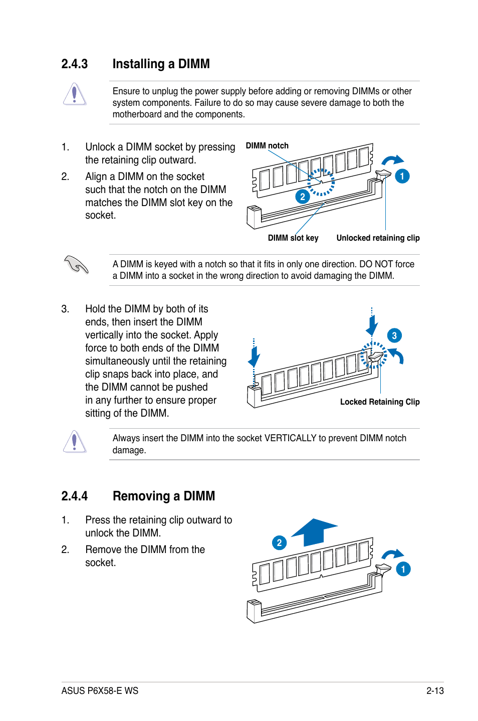 4 removing a dimm, 3 installing a dimm | Asus P6X58-E WS User Manual | Page 37 / 152