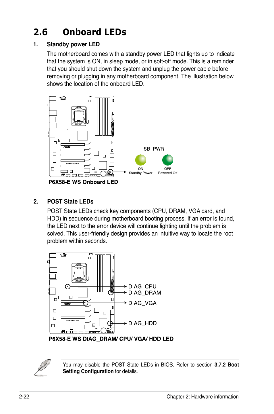 6 onboard leds | Asus P6X58-E WS User Manual | Page 46 / 152