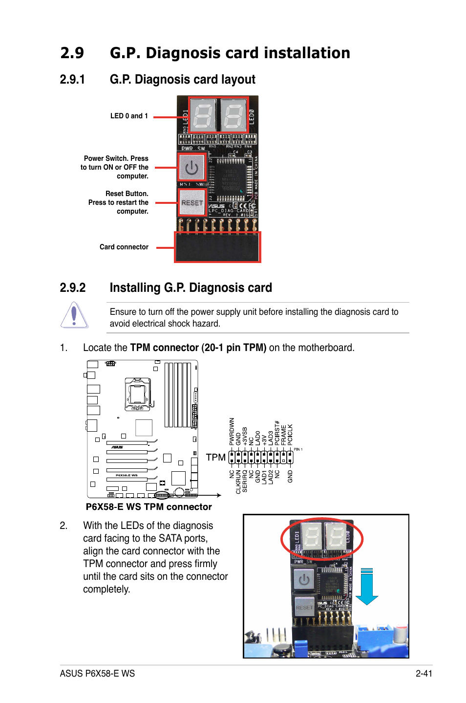 9 g.p. diagnosis card installation, 1 g.p. diagnosis card layout, 2 installing g.p. diagnosis card | Asus P6X58-E WS User Manual | Page 65 / 152