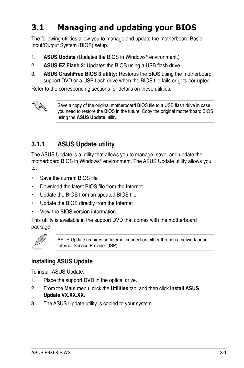 1 managing and updating your bios, 1 asus update utility | Asus P6X58-E WS User Manual | Page 71 / 152