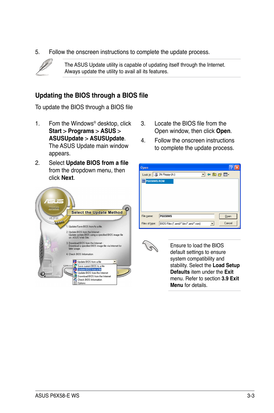 Updating the bios through a bios file | Asus P6X58-E WS User Manual | Page 73 / 152