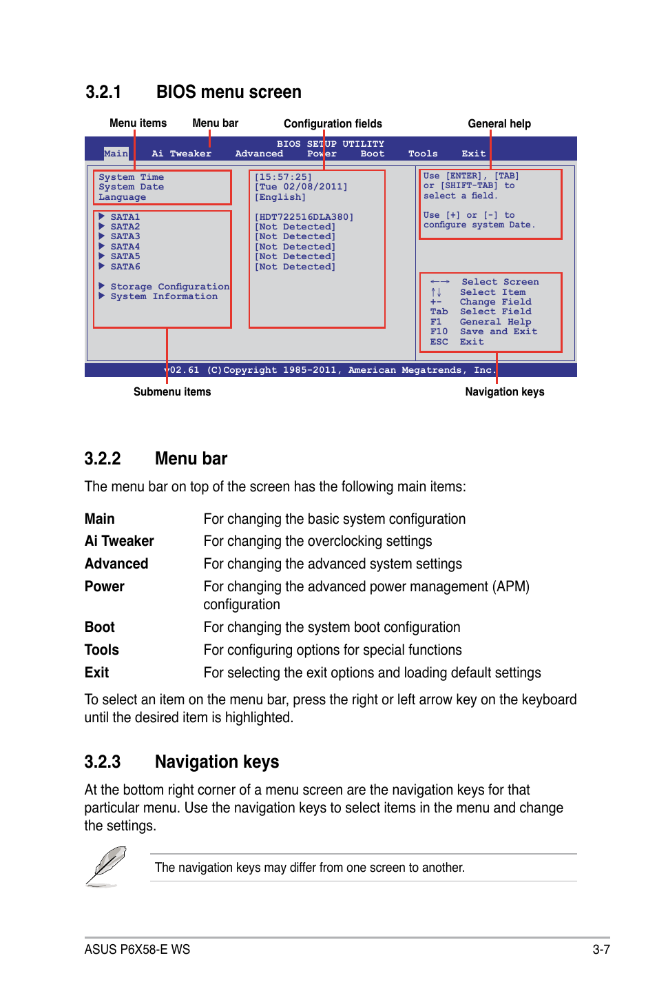 2 menu bar, 3 navigation keys, 1 bios menu screen | Asus P6X58-E WS User Manual | Page 77 / 152