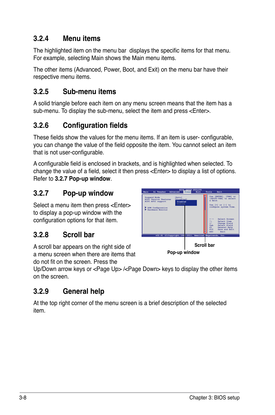 4 menu items, 5 sub-menu items, 6 configuration fields | 7 pop-up window, 8 scroll bar, 9 general help, 8 chapter 3: bios setup | Asus P6X58-E WS User Manual | Page 78 / 152