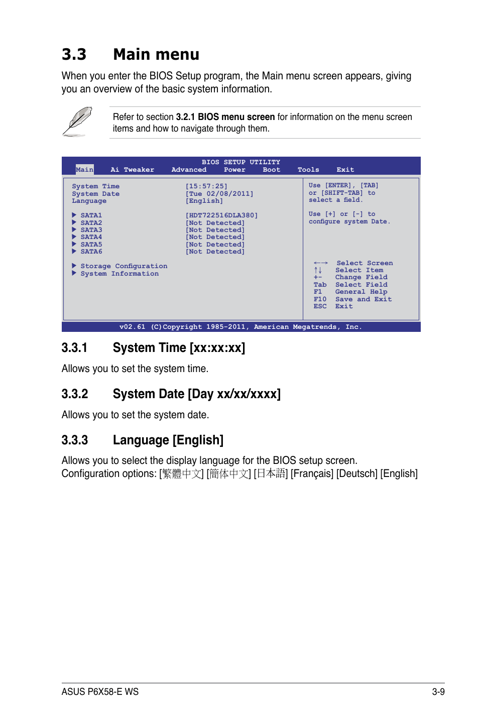 3 main menu, 1 system time [xx:xx:xx, 3 language [english | Allows you to set the system time, Allows you to set the system date | Asus P6X58-E WS User Manual | Page 79 / 152