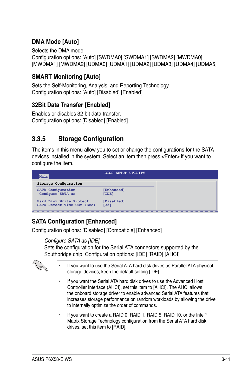 5 storage configuration, Dma mode [auto, Smart monitoring [auto | 32bit data transfer [enabled, Sata configuration [enhanced | Asus P6X58-E WS User Manual | Page 81 / 152