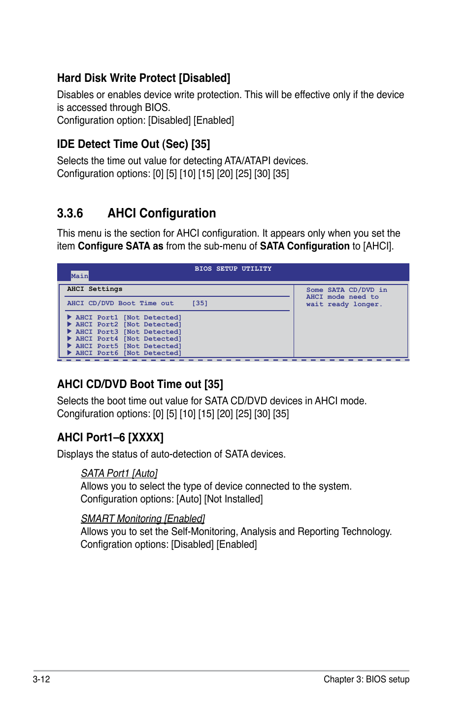 6 ahci configuration, Hard disk write protect [disabled, Ide detect time out (sec) [35 | Ahci cd/dvd boot time out [35 | Asus P6X58-E WS User Manual | Page 82 / 152