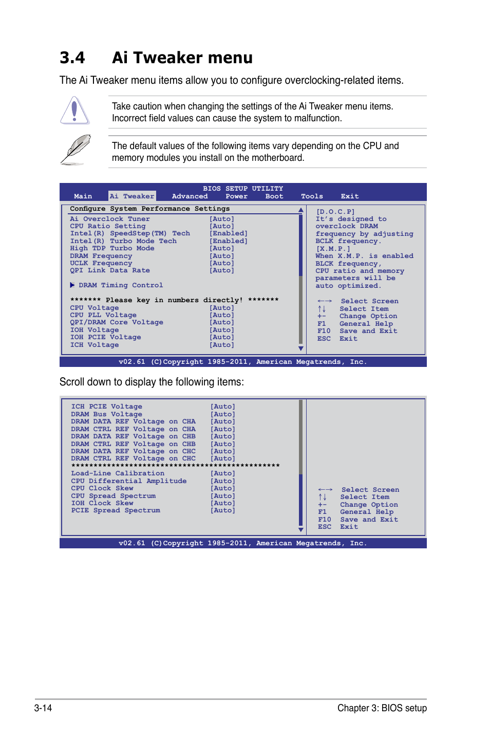 4 ai tweaker menu, Scroll down to display the following items, 14 chapter 3: bios setup | Asus P6X58-E WS User Manual | Page 84 / 152