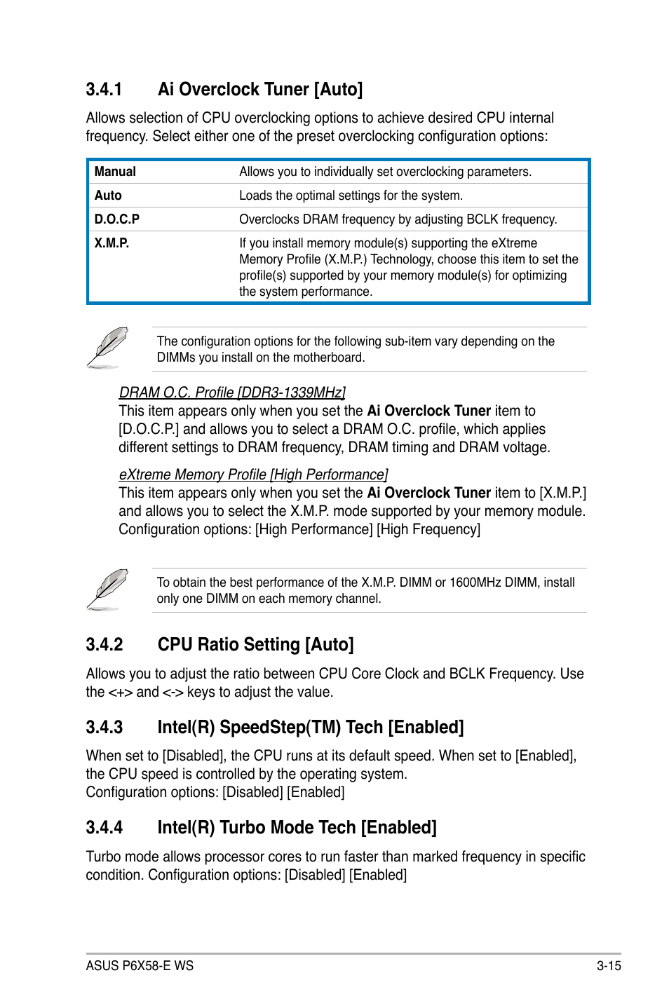1 ai overclock tuner [auto, 2 cpu ratio setting [auto, 3 intel(r) speedstep(tm) tech [enabled | 4 intel(r) turbo mode tech [enabled | Asus P6X58-E WS User Manual | Page 85 / 152