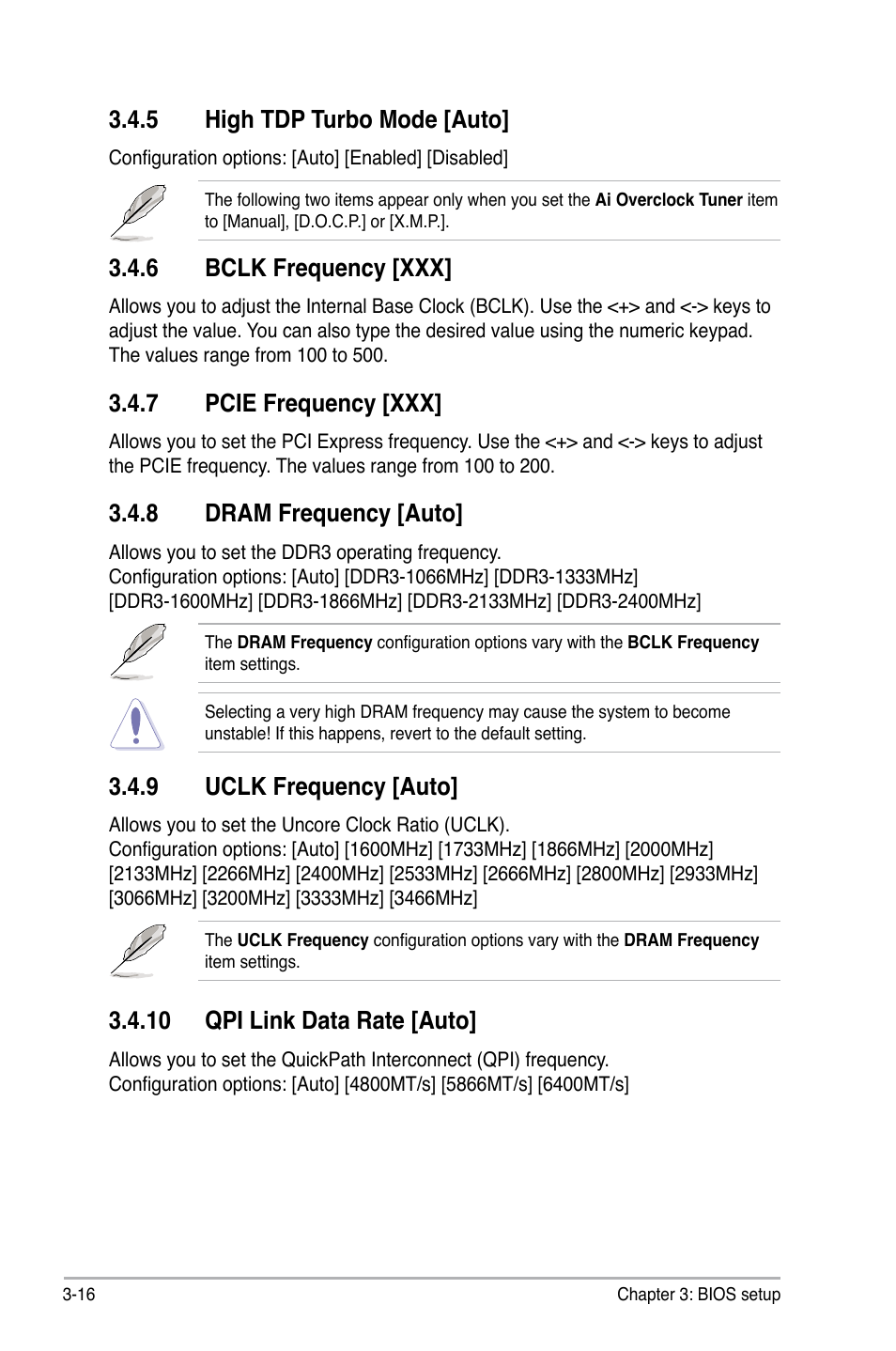 5 high tdp turbo mode [auto, 6 bclk frequency [xxx, 7 pcie frequency [xxx | 8 dram frequency [auto, 9 uclk frequency [auto, 10 qpi link data rate [auto | Asus P6X58-E WS User Manual | Page 86 / 152