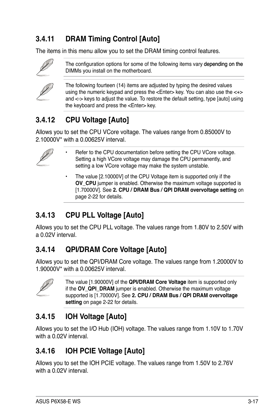 11 dram timing control [auto, 12 cpu voltage [auto, 13 cpu pll voltage [auto | 14 qpi/dram core voltage [auto, 15 ioh voltage [auto, 16 ioh pcie voltage [auto | Asus P6X58-E WS User Manual | Page 87 / 152