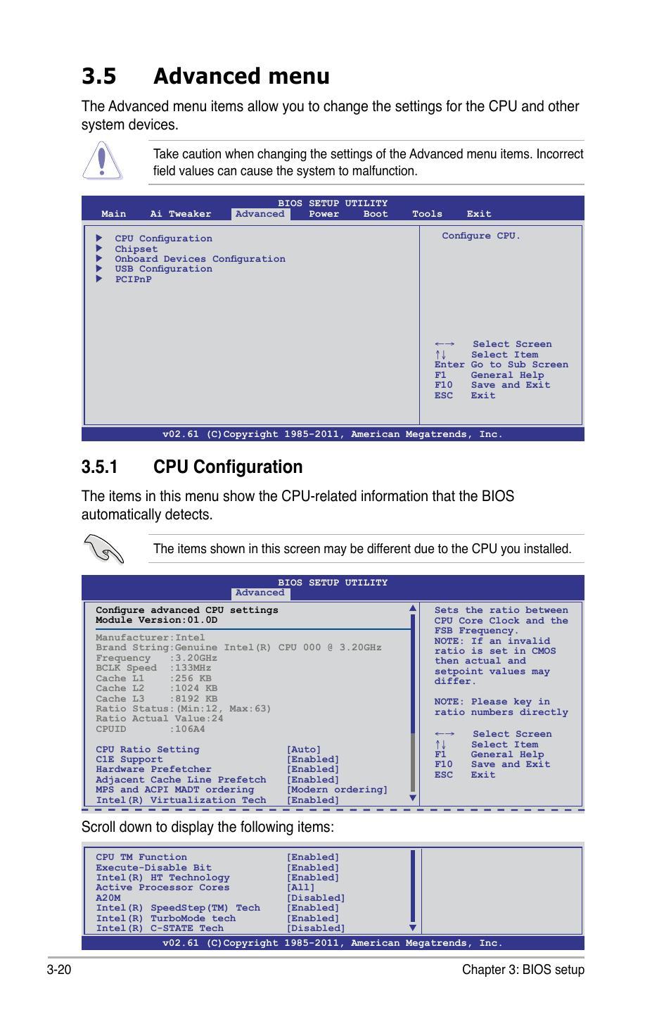 5 advanced menu, 1 cpu configuration, Scroll down to display the following items | 20 chapter 3: bios setup | Asus P6X58-E WS User Manual | Page 90 / 152