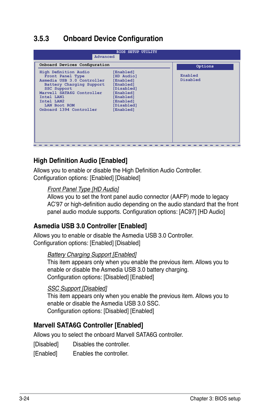 3 onboard device configuration, High definition audio [enabled, Asmedia usb 3.0 controller [enabled | Marvell sata6g controller [enabled | Asus P6X58-E WS User Manual | Page 94 / 152