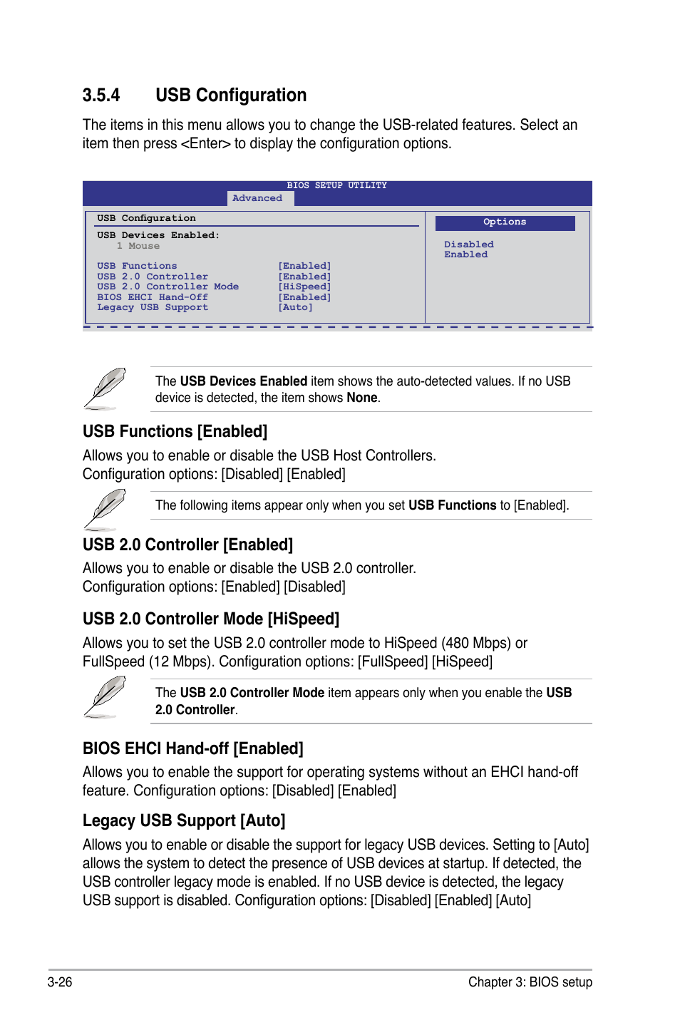 4 usb configuration, Usb functions [enabled, Usb 2.0 controller [enabled | Usb 2.0 controller mode [hispeed, Bios ehci hand-off [enabled, Legacy usb support [auto | Asus P6X58-E WS User Manual | Page 96 / 152