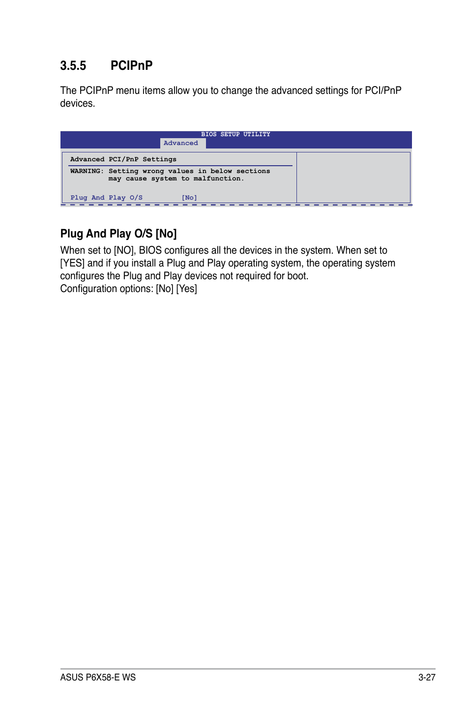 5 pcipnp, Plug and play o/s [no | Asus P6X58-E WS User Manual | Page 97 / 152