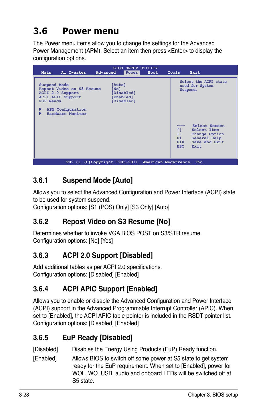 6 power menu, 1 suspend mode [auto, 2 repost video on s3 resume [no | 3 acpi 2.0 support [disabled, 4 acpi apic support [enabled, 5 eup ready [disabled | Asus P6X58-E WS User Manual | Page 98 / 152