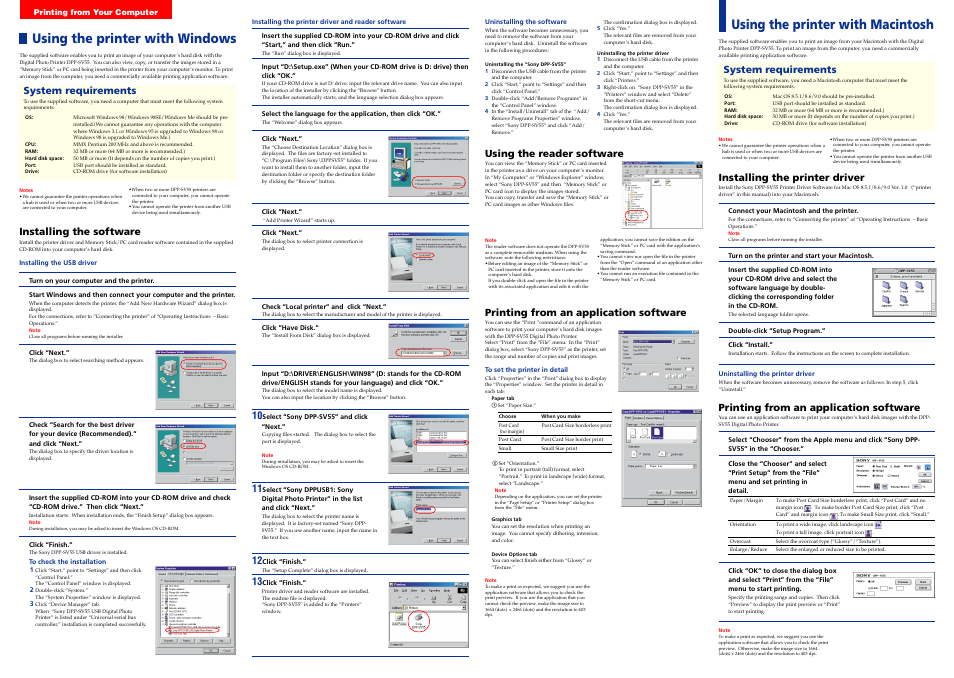 Using the printer with windows, Using the printer with macintosh, Using the reader software | Installing the printer driver, Printing from an application software, System requirements, Installing the software | Sony DPP-SV55 User Manual | Page 2 / 2