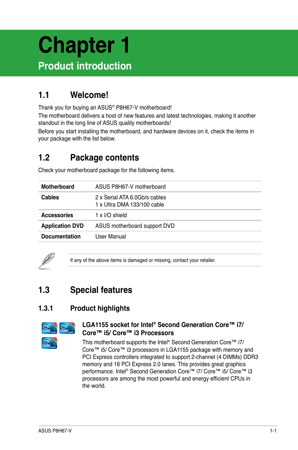 Chapter 1, Product introduction, 3 special features | 1 welcome, 2 package contents | Asus P8H67-V User Manual | Page 13 / 78