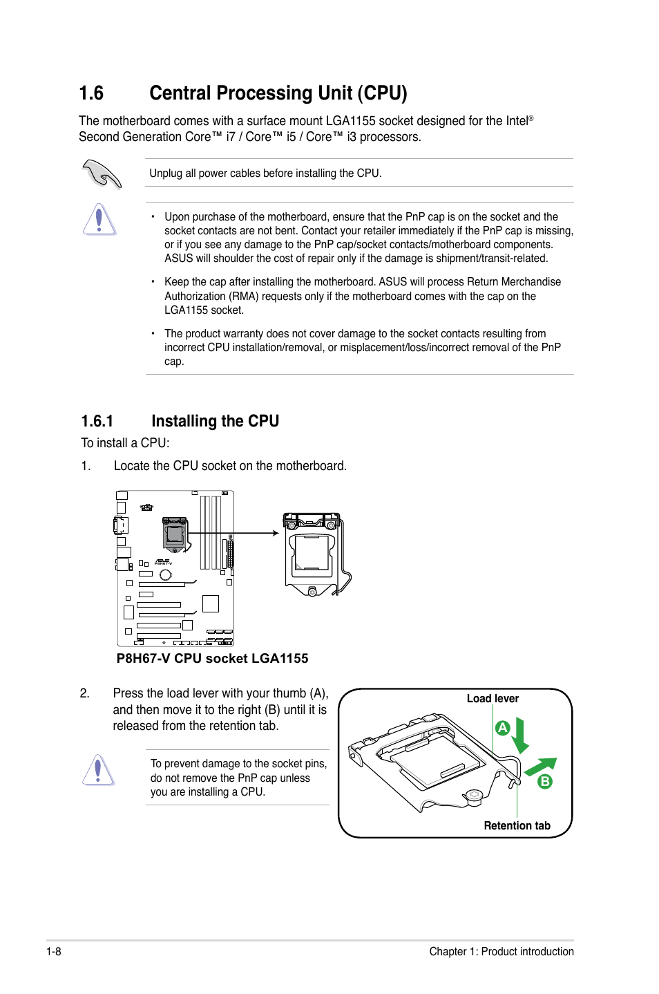 6 central processing unit (cpu), 1 installing the cpu | Asus P8H67-V User Manual | Page 20 / 78