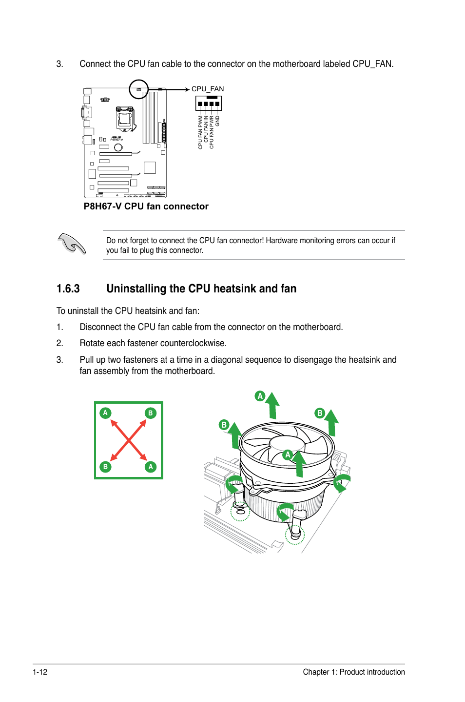 3 uninstalling the cpu heatsink and fan, P8h67-v cpu fan connector | Asus P8H67-V User Manual | Page 24 / 78