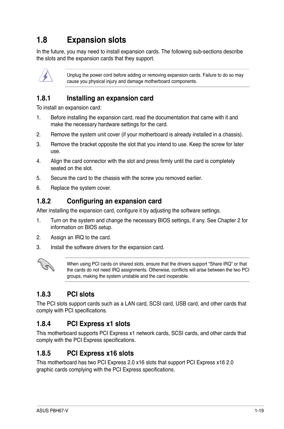 8 expansion slots, 1 installing an expansion card, 2 configuring an expansion card | 3 pci slots, 4 pci express x1 slots, 5 pci express x16 slots | Asus P8H67-V User Manual | Page 31 / 78