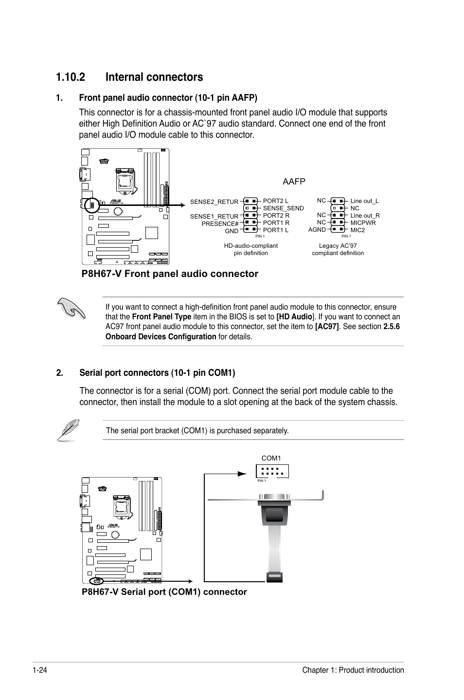 2 internal connectors, P8h67-v front panel audio connector | Asus P8H67-V User Manual | Page 36 / 78