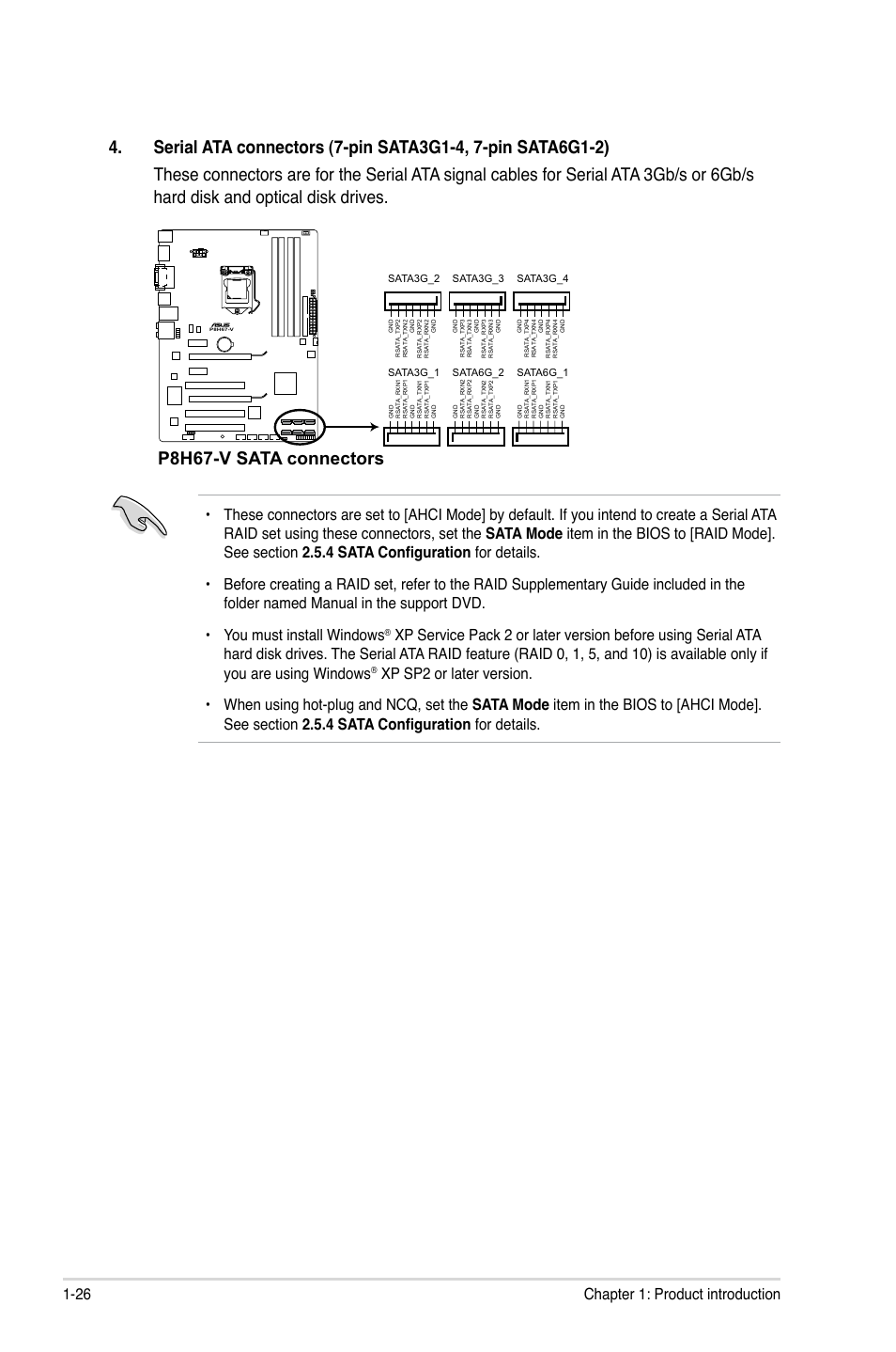 P8h67-v sata connectors, 26 chapter 1: product introduction | Asus P8H67-V User Manual | Page 38 / 78