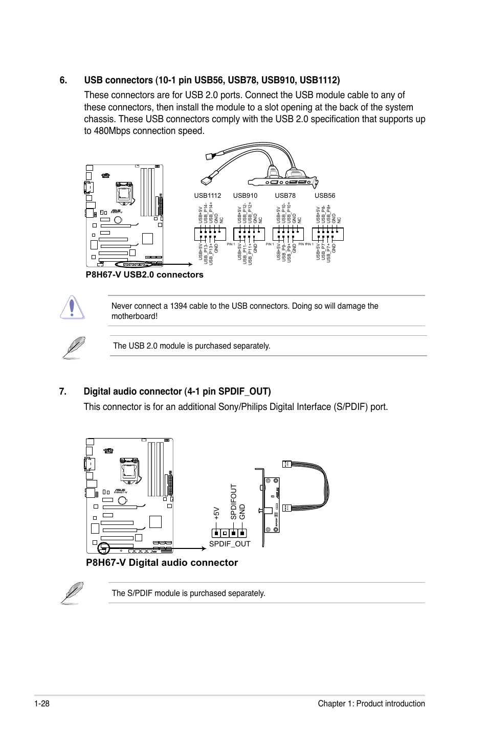 P8h67-v digital audio connector, 28 chapter 1: product introduction, The s/pdif module is purchased separately | Asus P8H67-V User Manual | Page 40 / 78