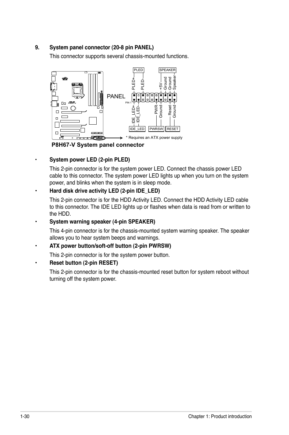 P8h67-v system panel connector, Panel | Asus P8H67-V User Manual | Page 42 / 78