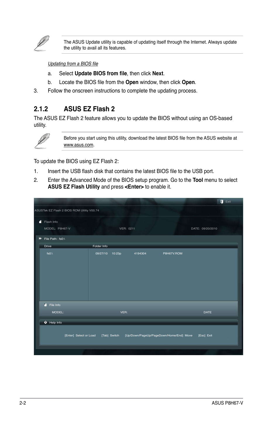 2 asus ez flash 2 | Asus P8H67-V User Manual | Page 48 / 78