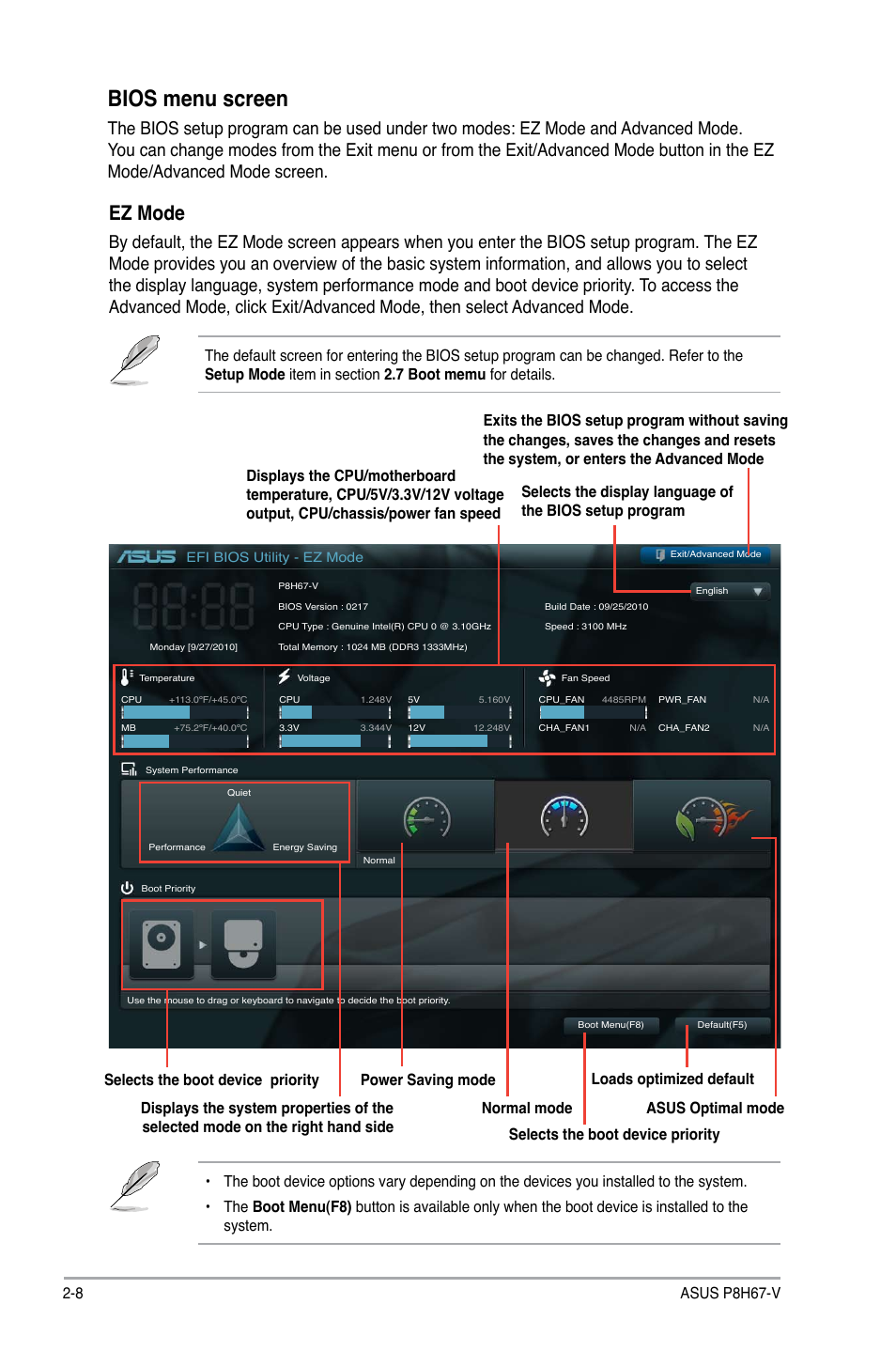 Bios menu screen, Ez mode, 8 asus p8h67-v | Asus P8H67-V User Manual | Page 54 / 78