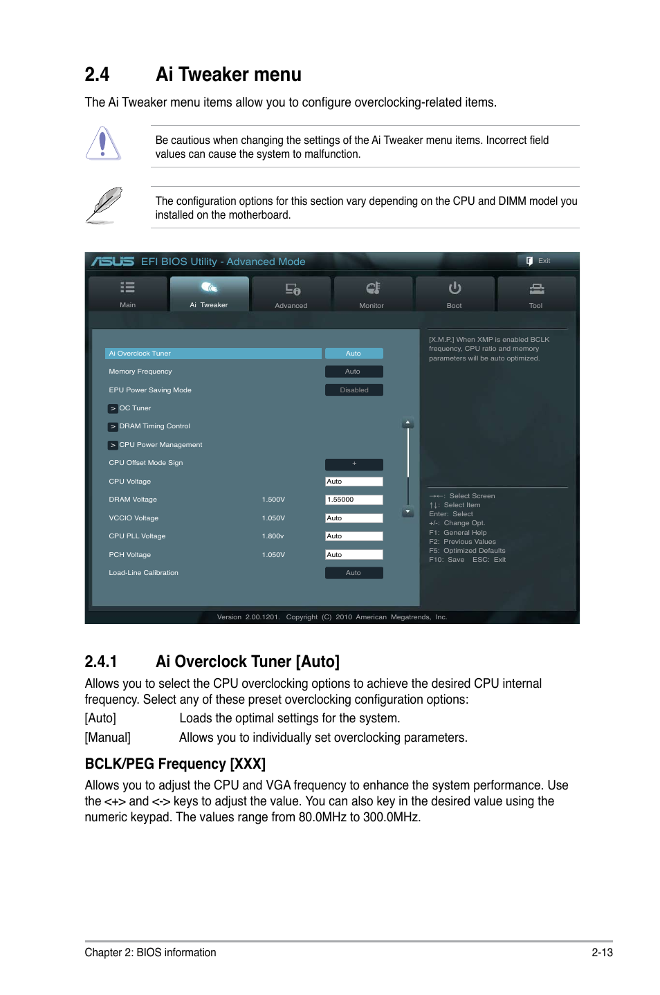 4 ai tweaker menu, 1 ai overclock tuner [auto, Bclk/peg frequency [xxx | Chapter 2: bios information 2-13 | Asus P8H67-V User Manual | Page 59 / 78