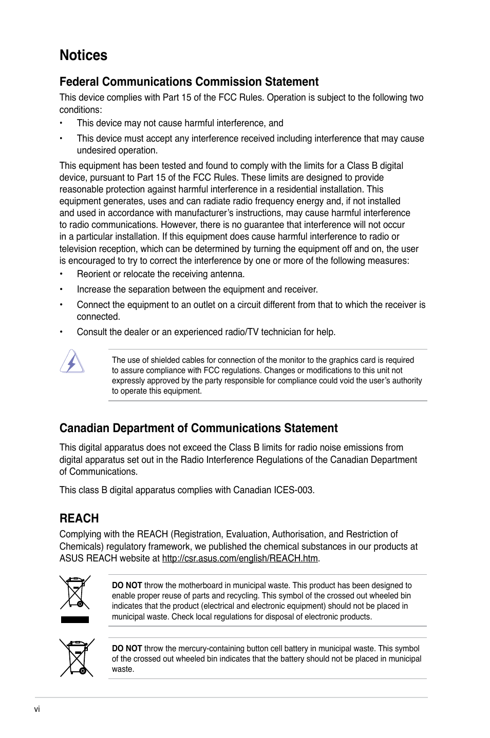 Notices, Federal communications commission statement, Canadian department of communications statement | Reach | Asus P8H67-V User Manual | Page 6 / 78