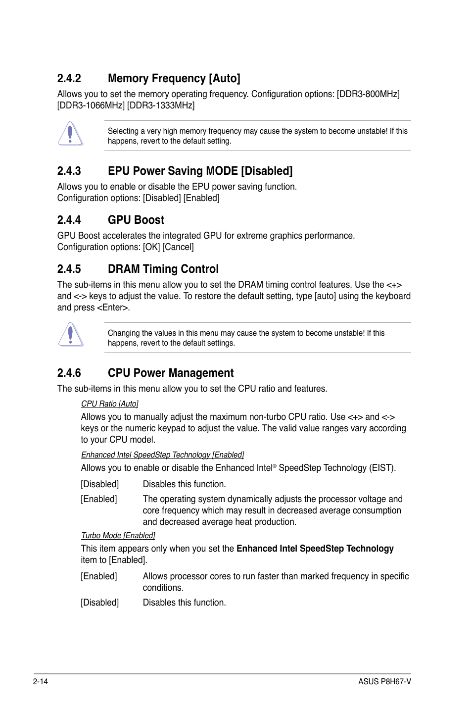 3 epu power saving mode [disabled, 4 gpu boost, 5 dram timing control | 6 cpu power management | Asus P8H67-V User Manual | Page 60 / 78