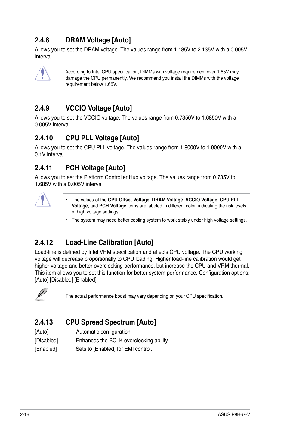 8 dram voltage [auto, 9 vccio voltage [auto, 10 cpu pll voltage [auto | 11 pch voltage [auto, 12 load-line calibration [auto, 13 cpu spread spectrum [auto | Asus P8H67-V User Manual | Page 62 / 78