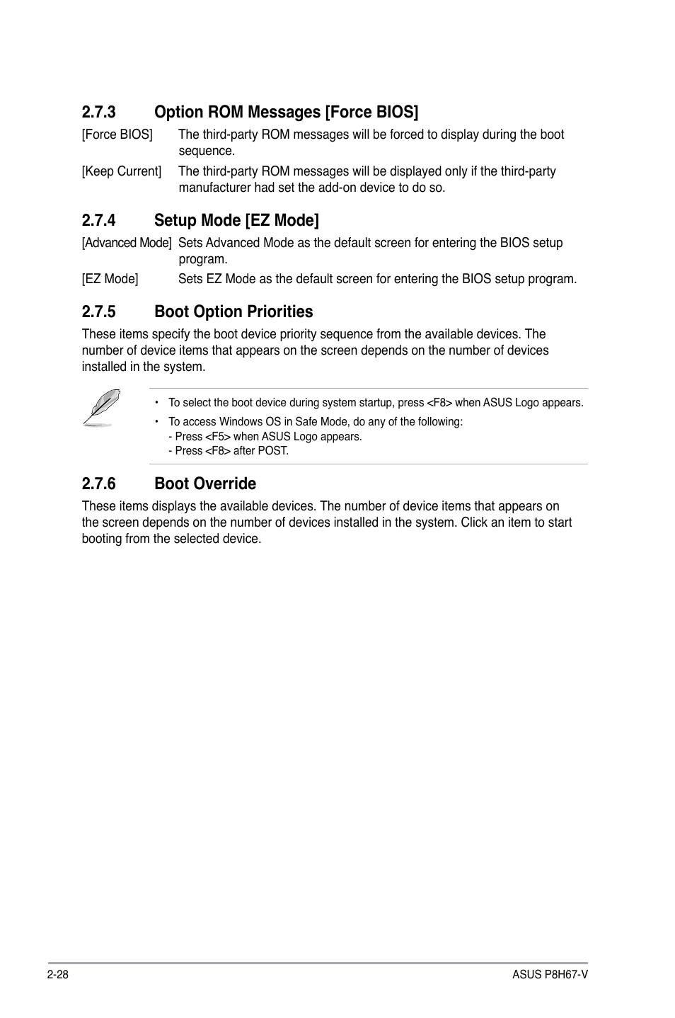 3 option rom messages [force bios, 4 setup mode [ez mode, 5 boot option priorities | 6 boot override | Asus P8H67-V User Manual | Page 74 / 78
