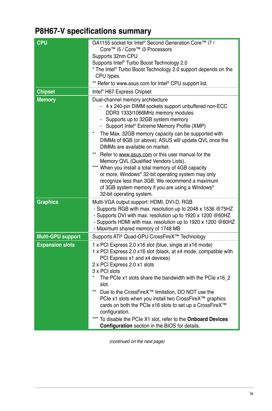 P8h67-v specifications summary | Asus P8H67-V User Manual | Page 9 / 78