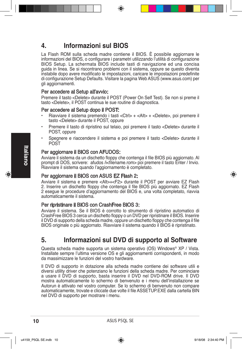 Informazioni sul bios, Informazioni sul dvd di supporto al software, Italiano | Asus P5QL SE User Manual | Page 10 / 38