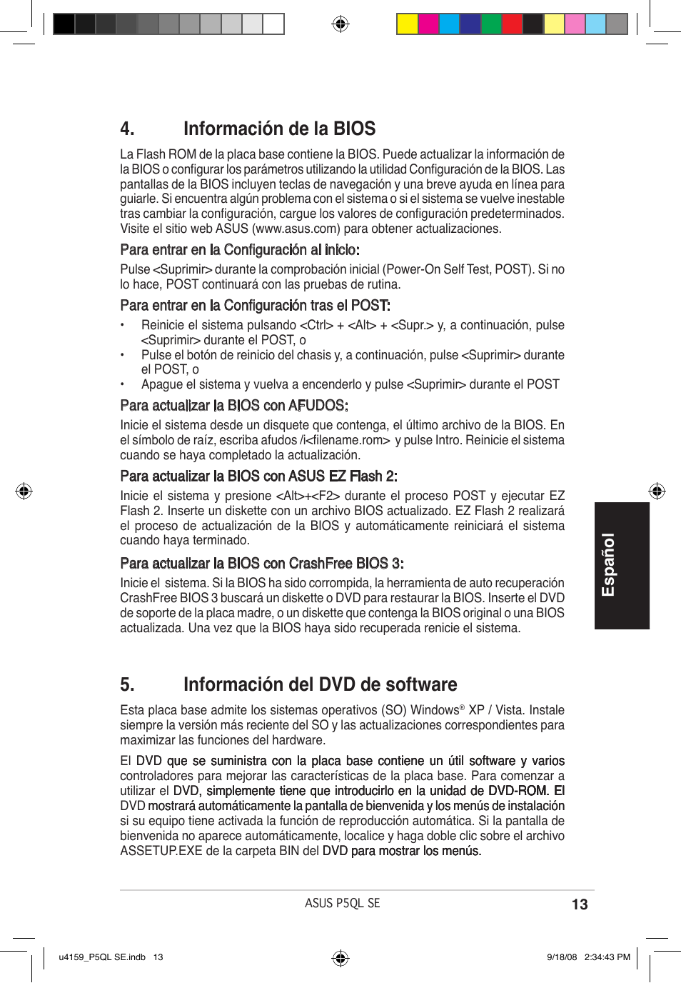 Información de la bios, Información del dvd de software, Español | Asus P5QL SE User Manual | Page 13 / 38