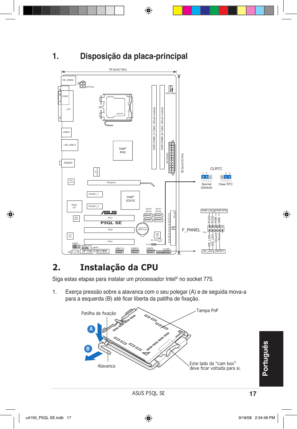Disposição da placa-principal 2. instalação da cpu, Português, Asus p5ql se | F_panel | Asus P5QL SE User Manual | Page 17 / 38