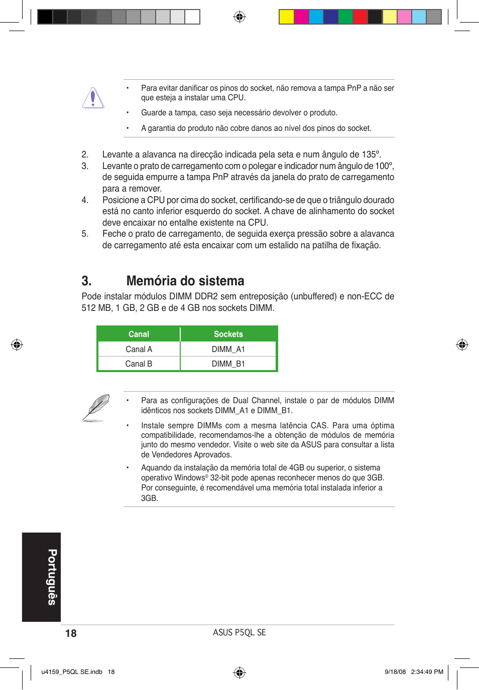 Memória do sistema, Português | Asus P5QL SE User Manual | Page 18 / 38