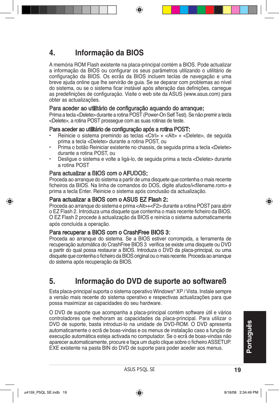 Informação da bios, Informação do dvd de suporte ao softwareß, Português | Asus P5QL SE User Manual | Page 19 / 38