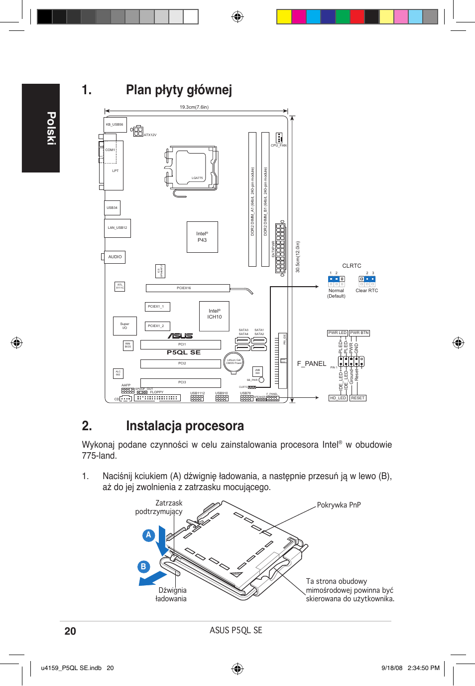 Plan płyty głównej 2. instalacja procesora, Polski, Asus p5ql se | F_panel | Asus P5QL SE User Manual | Page 20 / 38